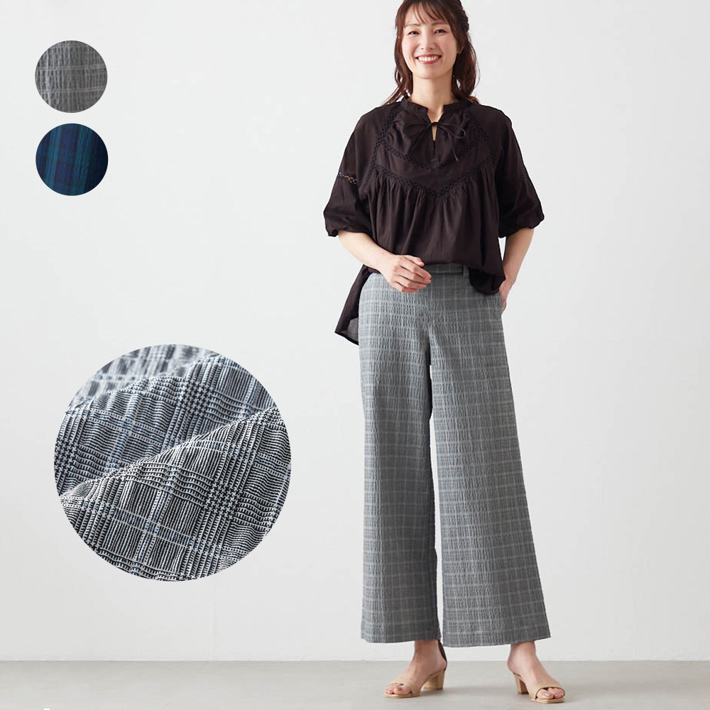 【花笑むとき/hana emu toki】【猛暑におすすめ】 さらっと涼やか綿混サッカー素材のワイドパンツ 【花笑むとき/hana emu toki】【猛暑におすすめ】 さらっと涼やか綿混サッカー素材のワイドパンツ