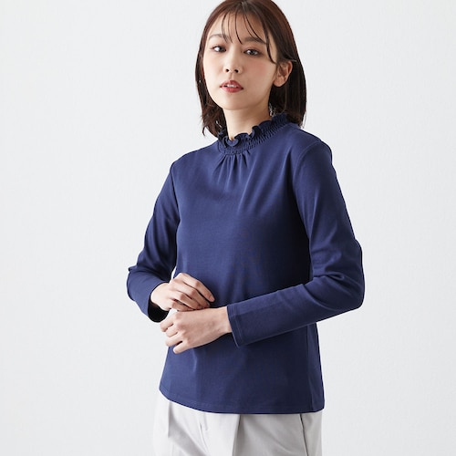 シャーリングネックTシャツ【吸湿発熱】