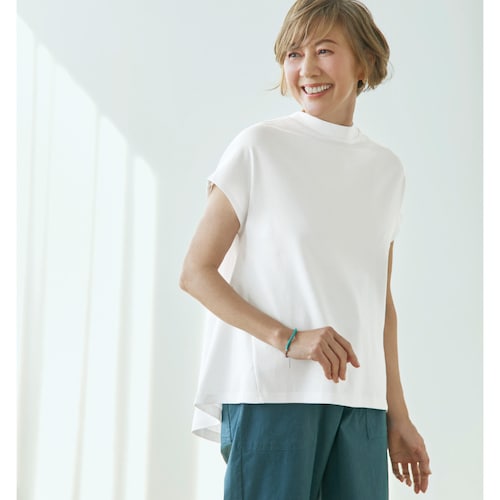 綿素材のハイネックフレンチスリーブプルオーバー 【シルケット加工】