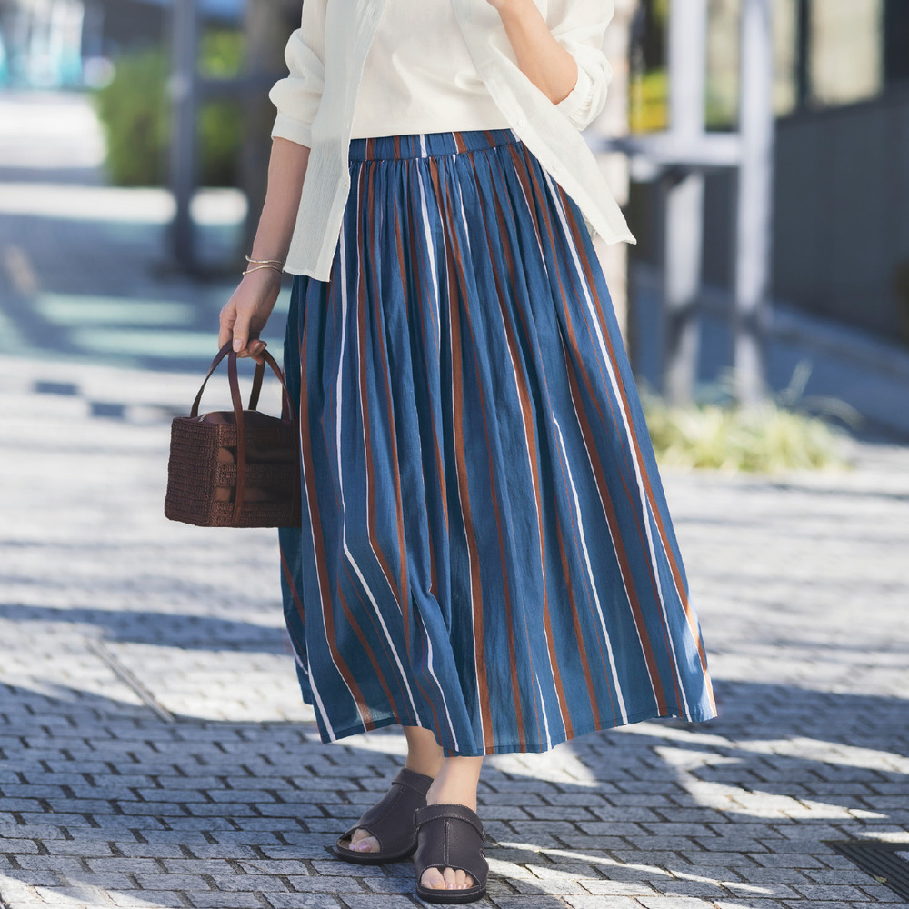 【ベルメゾン】綿素材のストライプスカート 【やわらかな風合いのインド綿】