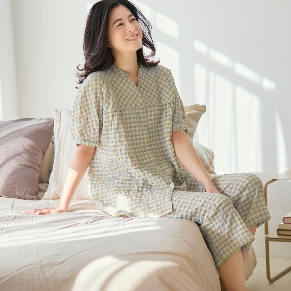 【ベルメゾン】楊柳ギンガムチェックバンドカラー半袖パジャマ