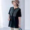 ―デザイン・スタイリング―・肩の後ろから胸元にかけて、贅沢に施した刺繍が印象的・モノトーンなので取り入れやすく、上品に着映え・二の腕をカバーする五分袖は、 袖口の折り返し留めがアクセント・ヒップをすっ