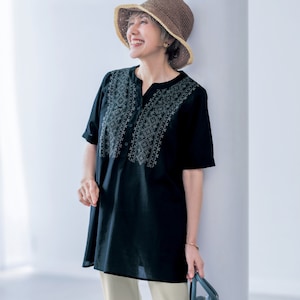 【ベルメゾン】綿素材のスキッパー5分袖刺繍チュニック 【やわらかな風合いのインド綿】