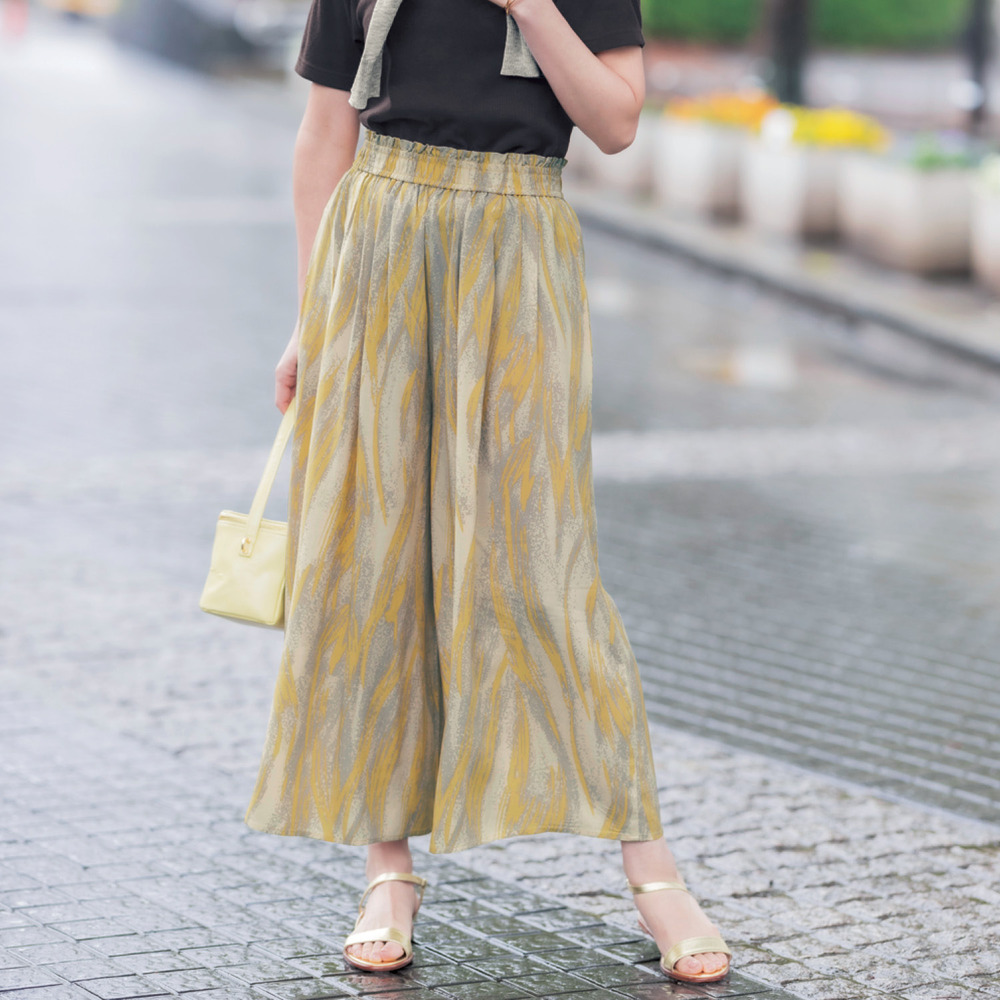 【ベルメゾン】ひんやりタックギャザープリントワイドパンツ 【接触冷感】 【ベルメゾン】ひんやりタックギャザープリントワイドパンツ 【接触冷感】