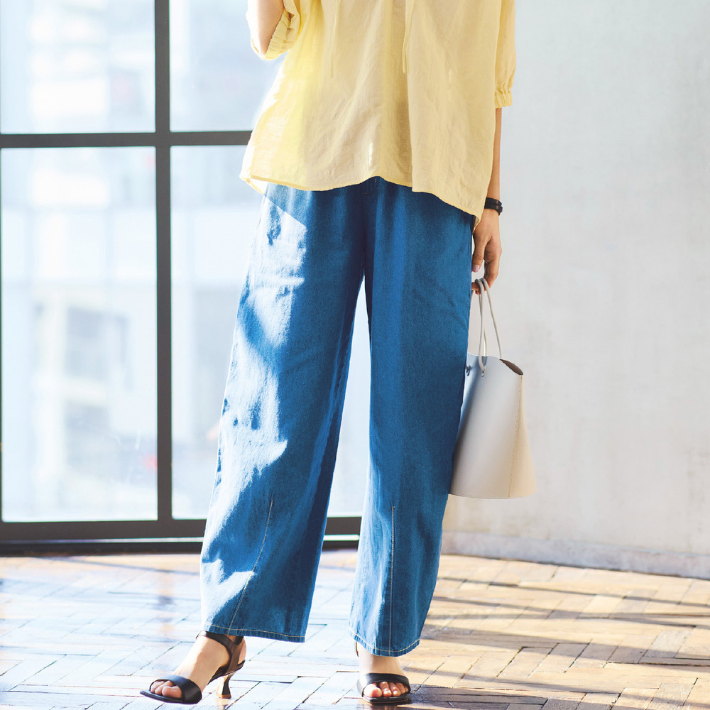 【ラ・フィット/la*fite】ウエストイージーバレルデニムパンツ