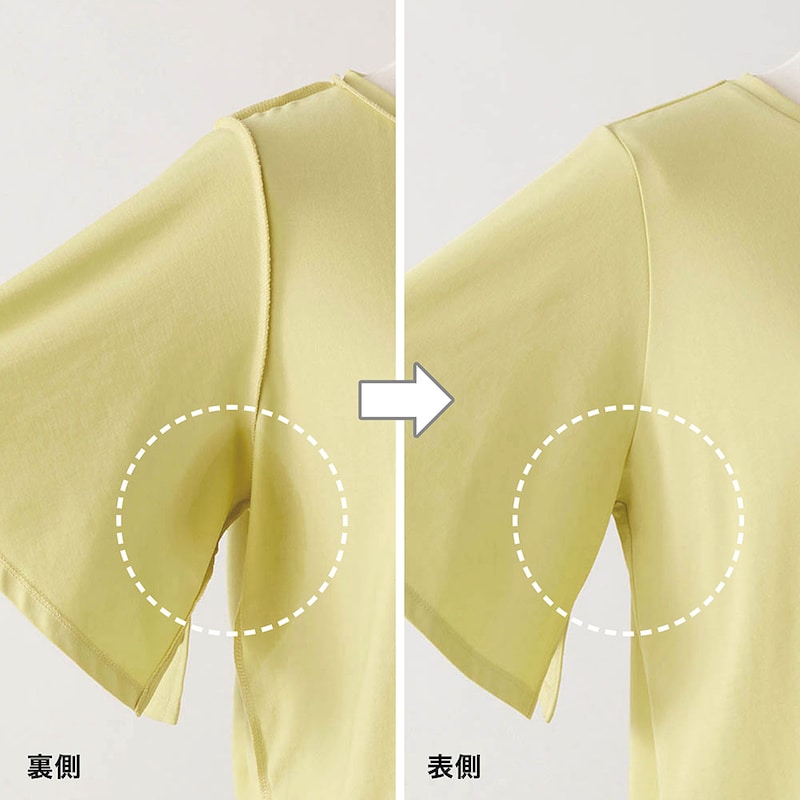 汗ジミ防止加工で肌側が汗で濡れても表にシミ出しにくい