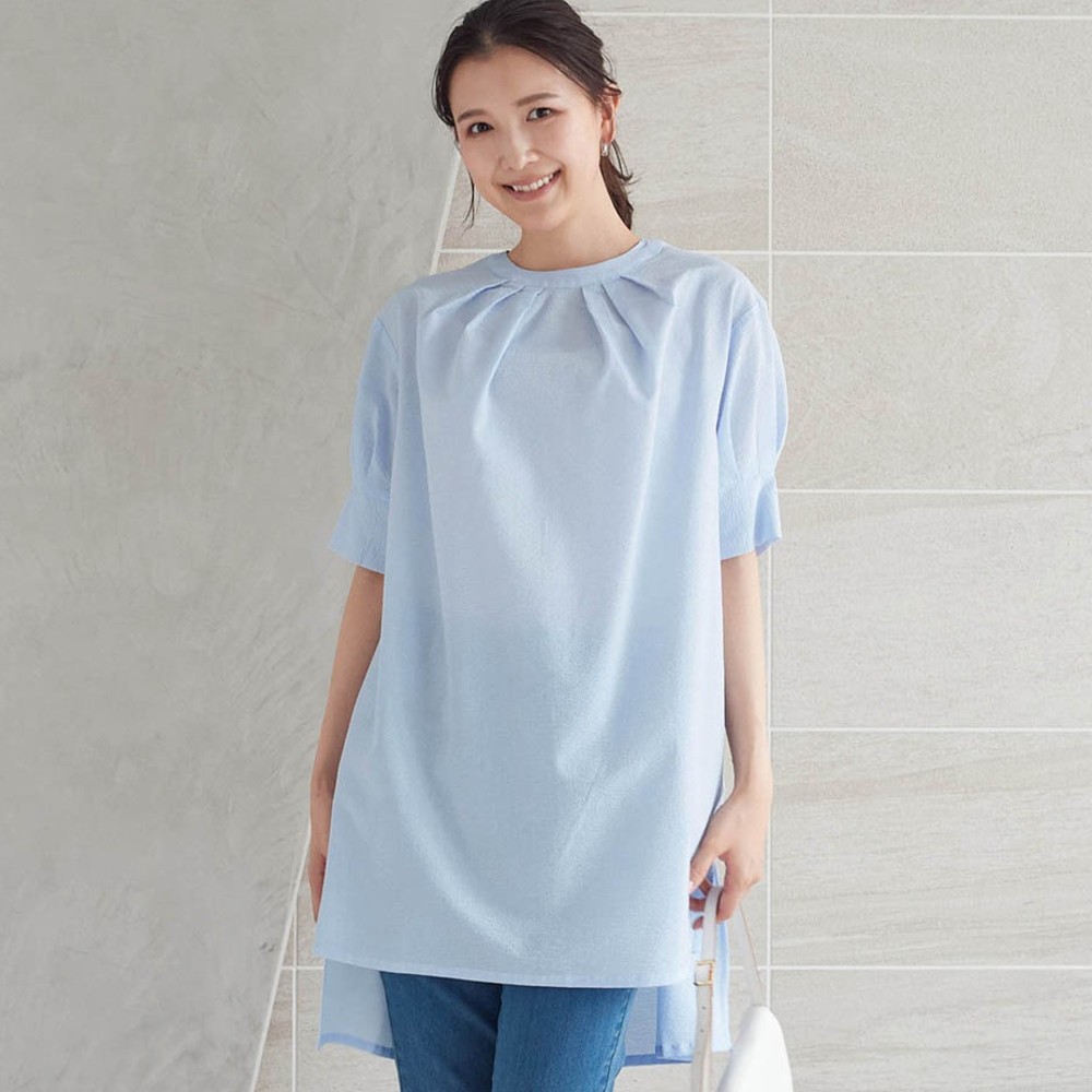 【ラ・フィット/la*fite】肌離れの良い綿素材のサッカー5分袖チュニックブラウス