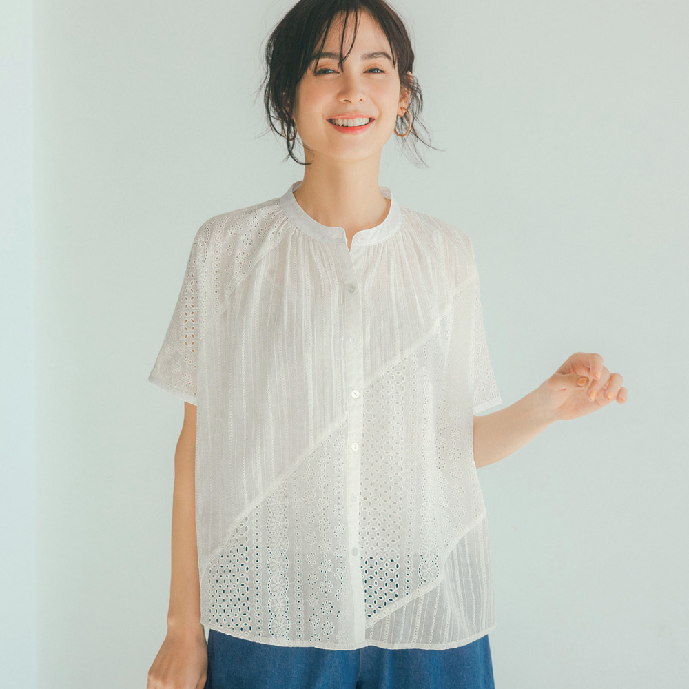 【ラ・フィット/la*fite】綿混レース切替えドルマンブラウス