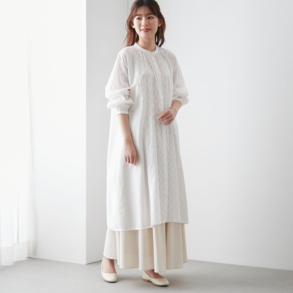 【ベルメゾン】無地×ジャカードフレアワンピース