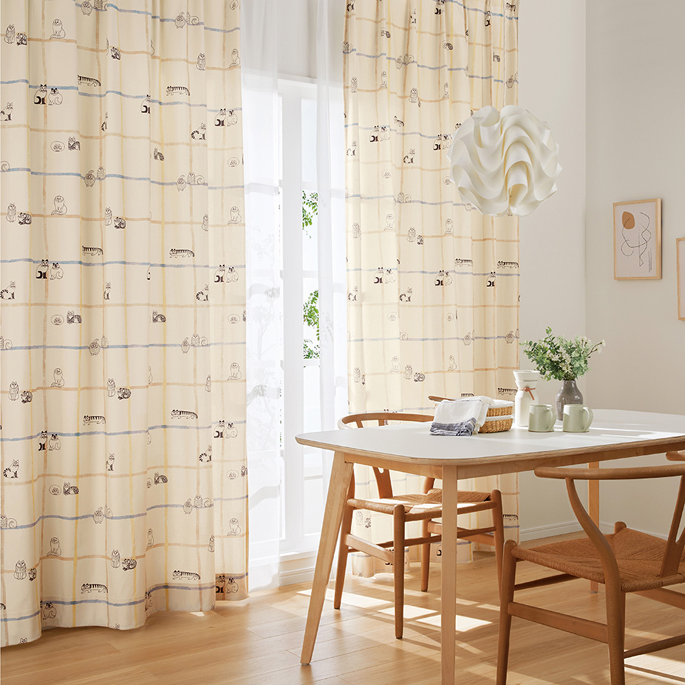 【リサ・ラーソン/Lisa Larson】【99サイズ】LISA LARSON スケッチねこたちとチェック柄の厚地カーテン