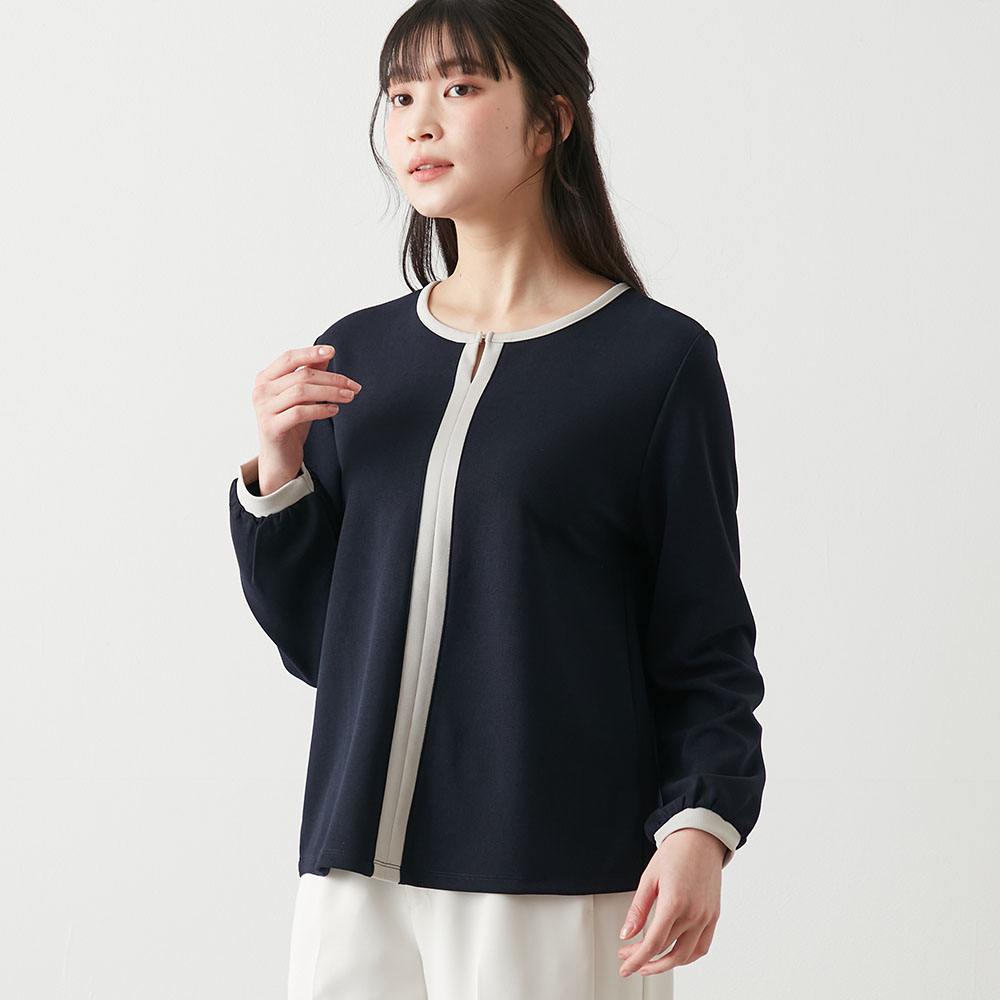 【クロスファンクション/CF】ストレッチ配色ホックブラウス