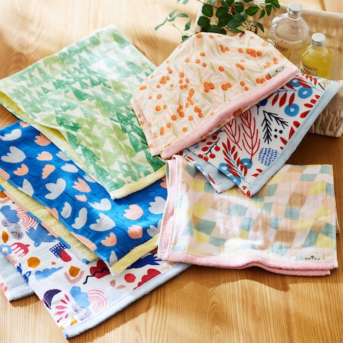 北欧調デザインガーゼパイルタオル＜ハンドタオル同色2枚セット／スキニータオル1枚＞