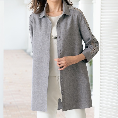 肩袖レース使い麻調合繊杢調ブラウスジャケット