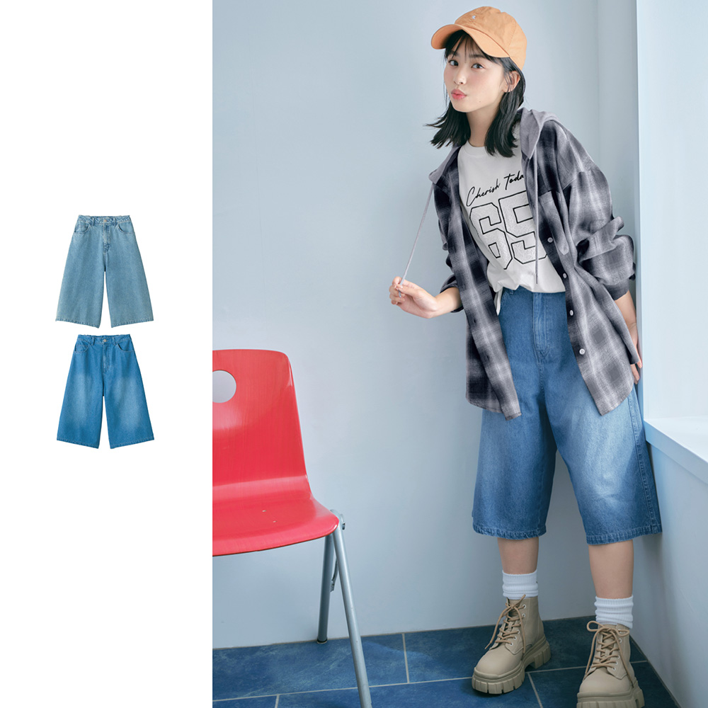 【パペル ラピス/Papel lapiz】デニムワイドハーフパンツ(ウエスト調節可) 【子供ズボン】