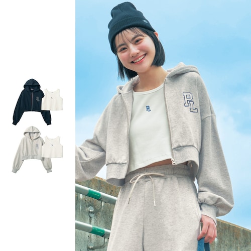 ショート丈綿裏毛スウェットジップパーカ＆綿混リブタンクトップセット【セットアップ可】 【子供服】