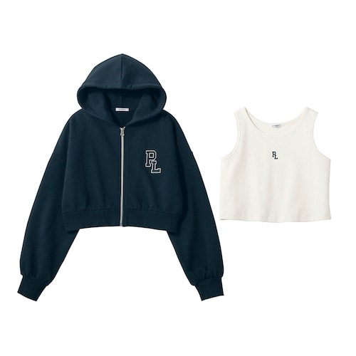 ショート丈綿裏毛スウェットジップパーカ＆綿混リブタンクトップセット【セットアップ可】 【子供服】