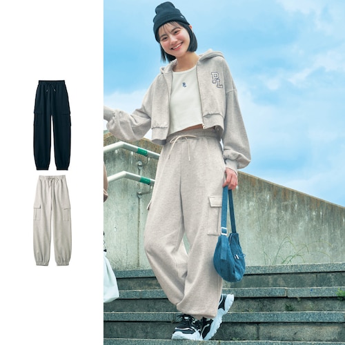 裾ゴム綿裏毛スウェットカーゴルーズパンツ（ウエスト調節可）【セットアップ可】 【子供ズボン】