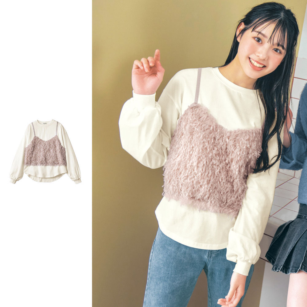 【パペル ラピス/Papel lapiz】フェザー風キャミソールドッキング綿素材長袖Tシャツ 【子供服】