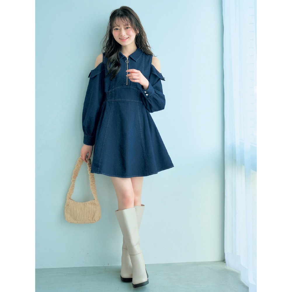 【パペル ラピス/Papel lapiz】フロントジップショルダースリットデニムワンピース 【子供服 長袖】