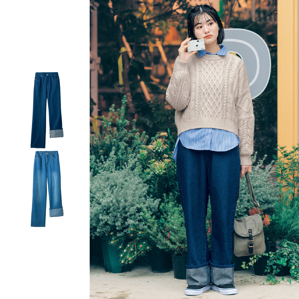 【STANDARD me】ワイドロールアップデニムパンツ(ウエスト調節可) 【子供ズボン】