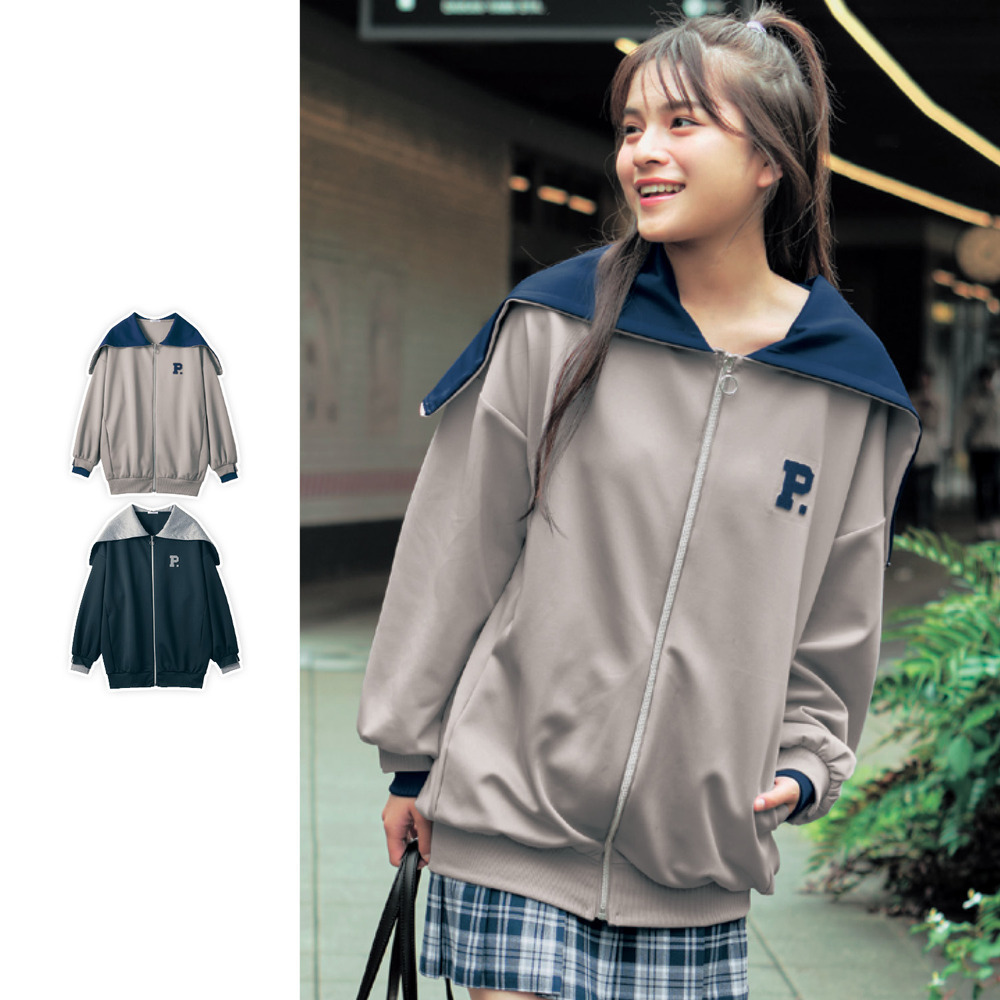 【パペル ラピス/Papel lapiz】セーラーカラーにもなる2WAYバイカラーロングジップフーディ 【子供服】 【パペル ラピス/Papel lapiz】セーラーカラーにもなる2WAYバイカラーロングジップフーディ 【子供服】
