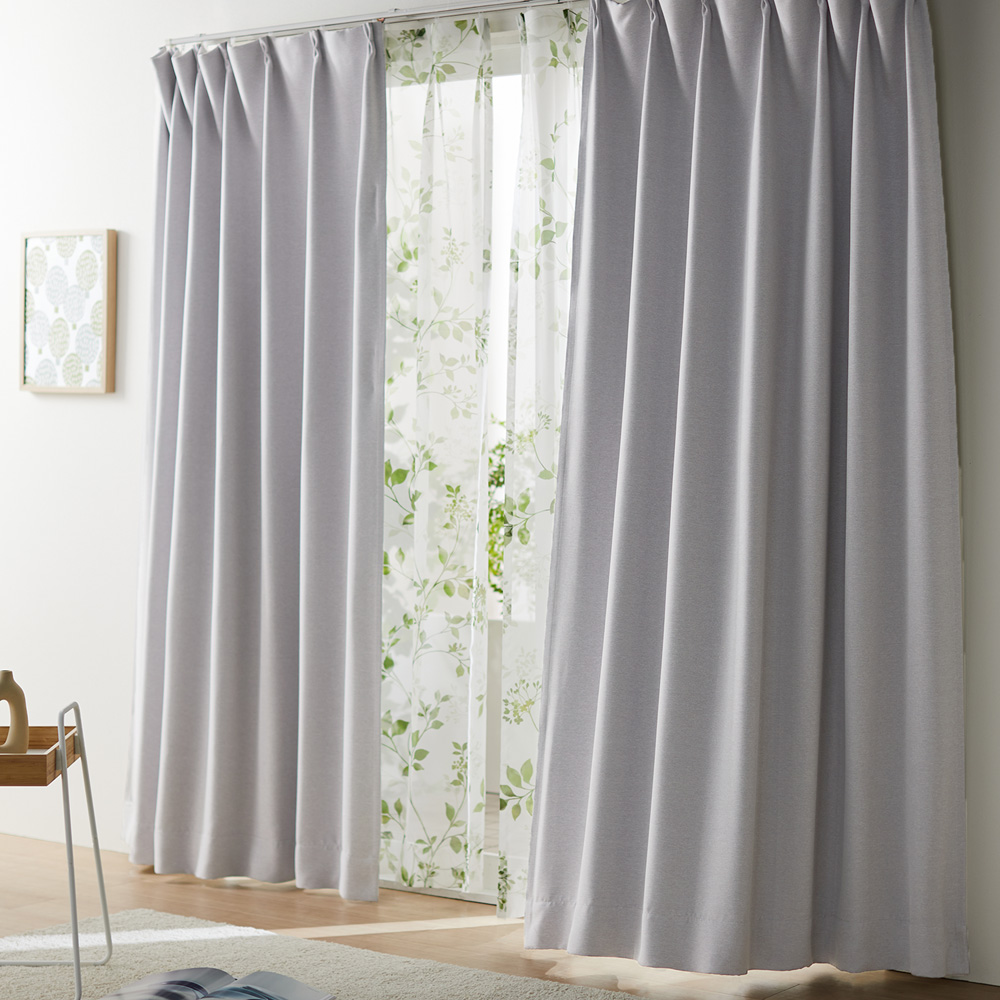 【ベルメゾン】【セット】優しいニュアンスカラーの遮光・遮熱・形状記憶カーテン & プリントボイルカーテンセット