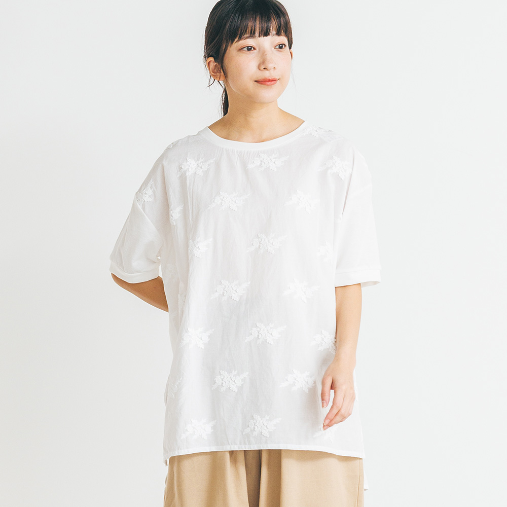 【プリュスボルメ/+borme】刺繍使い異素材切替えカットソー