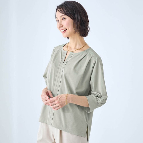 【新色追加】 週3使えるキーネックカットソーブラウス【乾燥機OK】