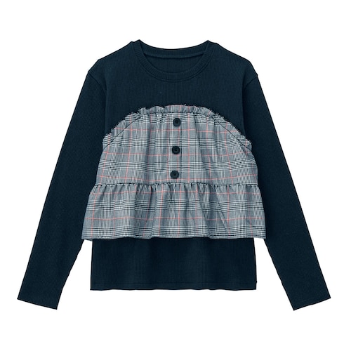 ボタンデザインチェックビスチェドッキング長袖プルオーバー 【子供服】