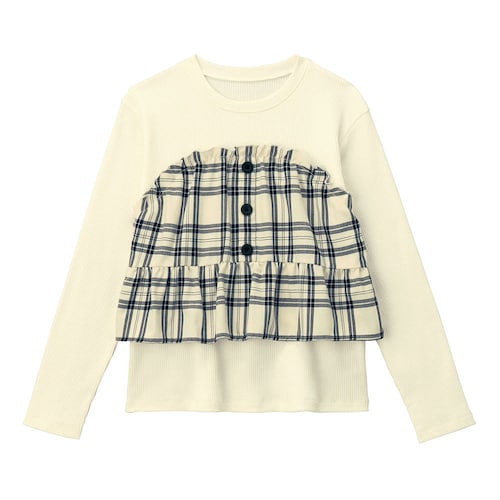 ボタンデザインチェックビスチェドッキング長袖プルオーバー 【子供服】