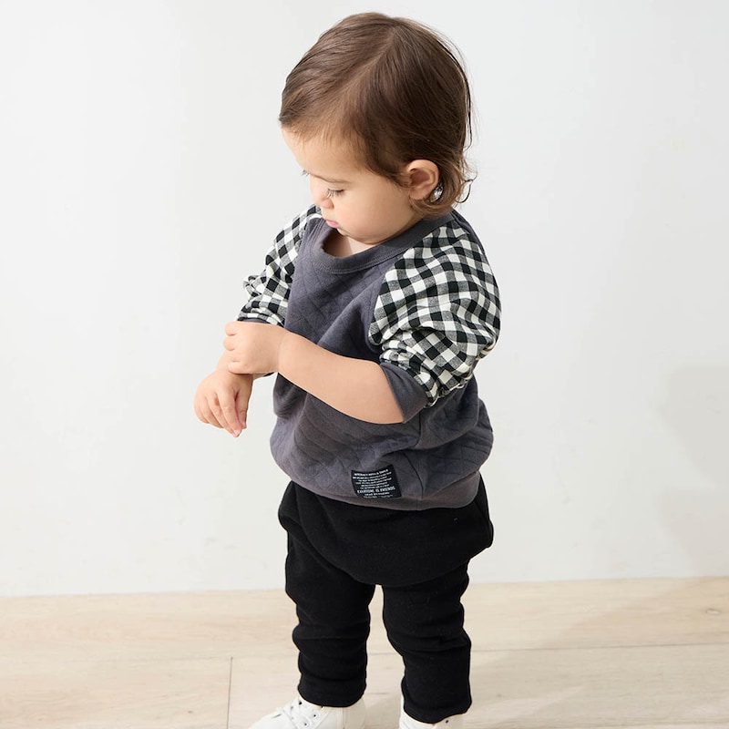 チャコール×ギンガム／モデル身長78cm・80サイズ着用・体重10.5kg