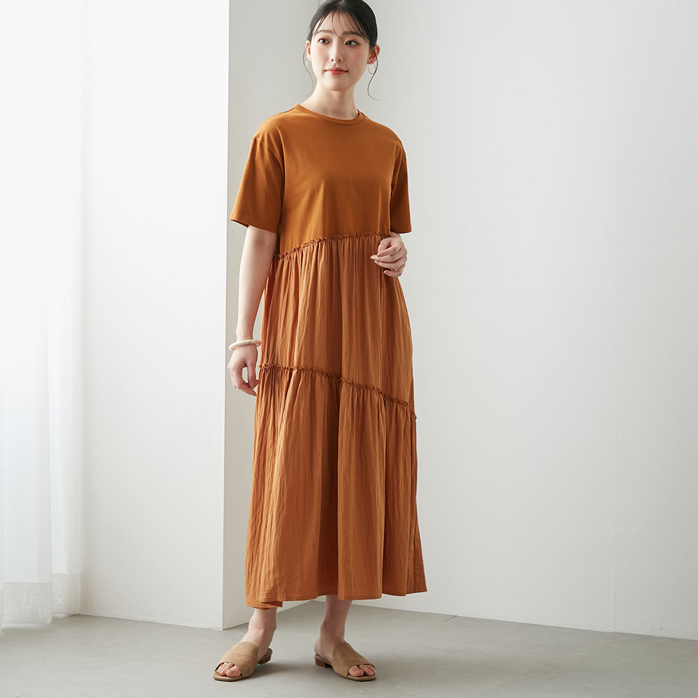 【ベルメゾン】異素材使いティアードワンピース