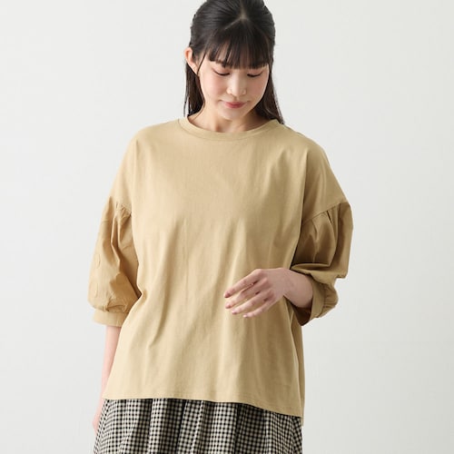 袖刺しゅう切替コットンＴシャツ