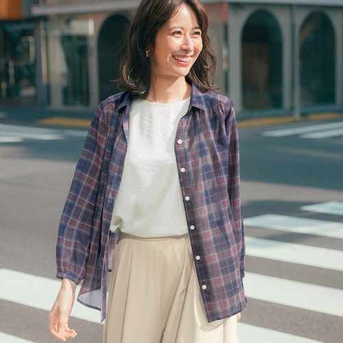 シアーチェックギャザーシャツ