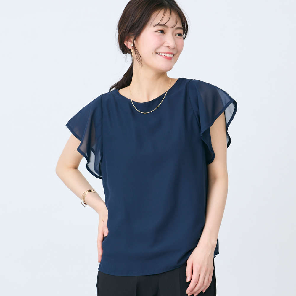 【ベルメゾン】裏カットソー付きフリルスリーブブラウス