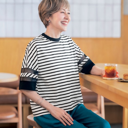 シアースリーブボーダー半袖カットソー