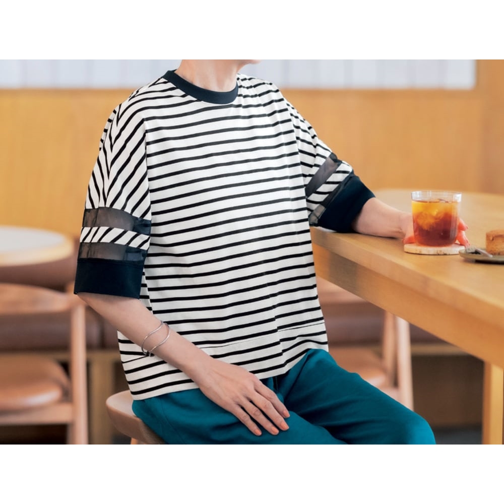 【ベルメゾン】大人のシアースリーブボーダー半袖カットソー