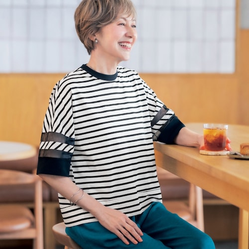 シアースリーブボーダー半袖カットソー