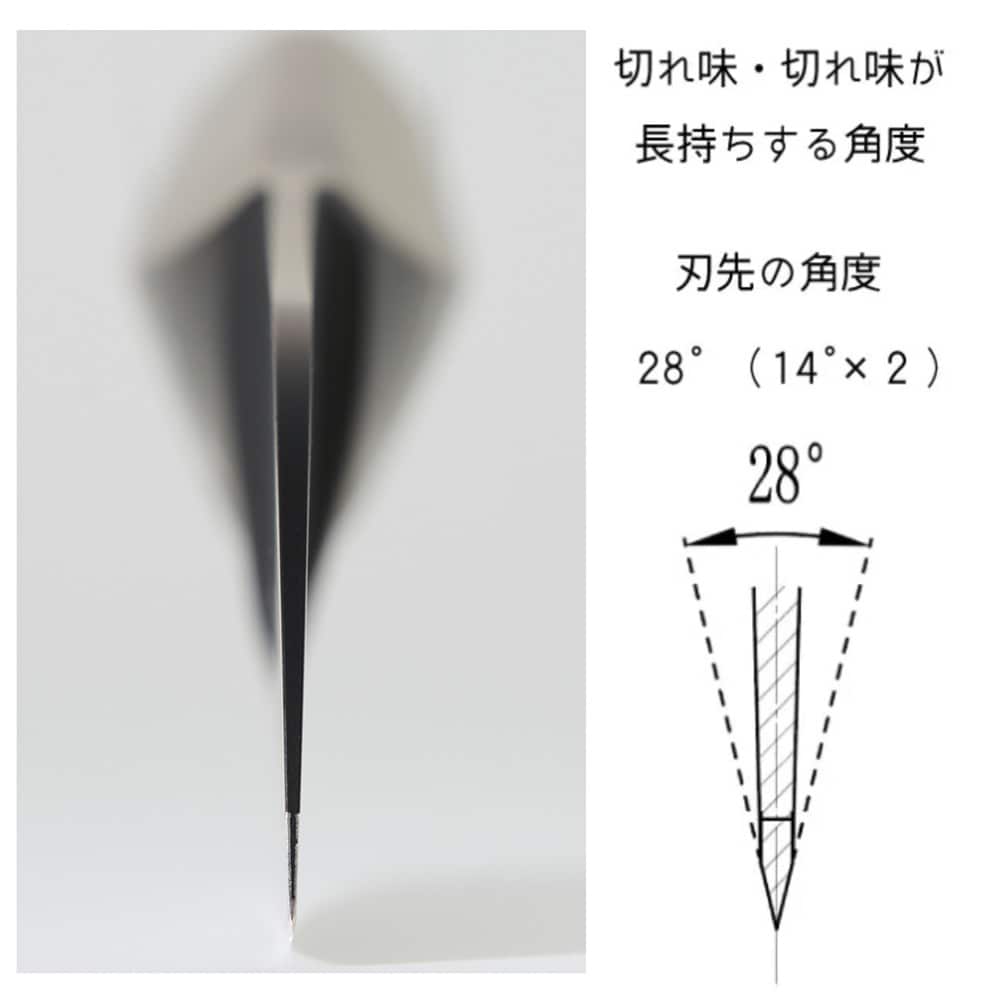 ②切れ味の追及：切れ味と、切れ味が長持ちする刃先の確度を追求