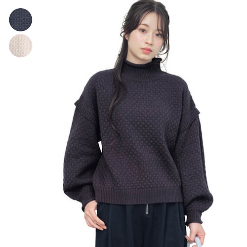 ポップコーン編みパフスリーブハイネックニットプルオーバー 【子供服】