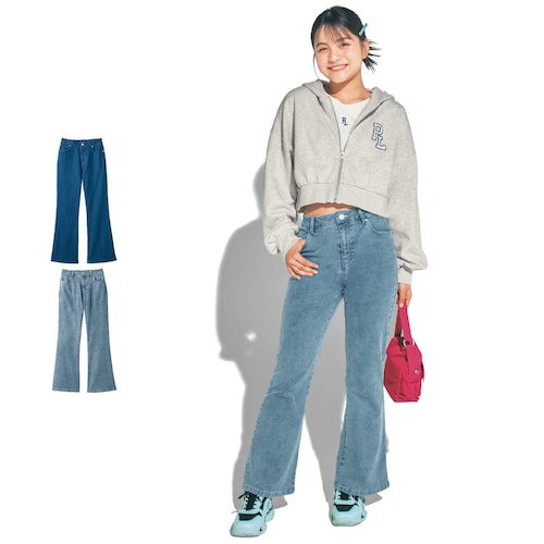 美脚見えスリムフレアデニムパンツ(ウエスト調節可) 【子供ズボン】