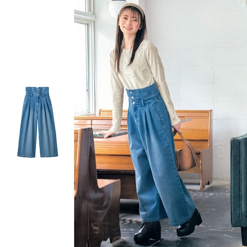ウエスト折り返しもできる２ＷＡＹハイウエストバギーデニムパンツ(ウエスト調節可) 【子供ズボン】