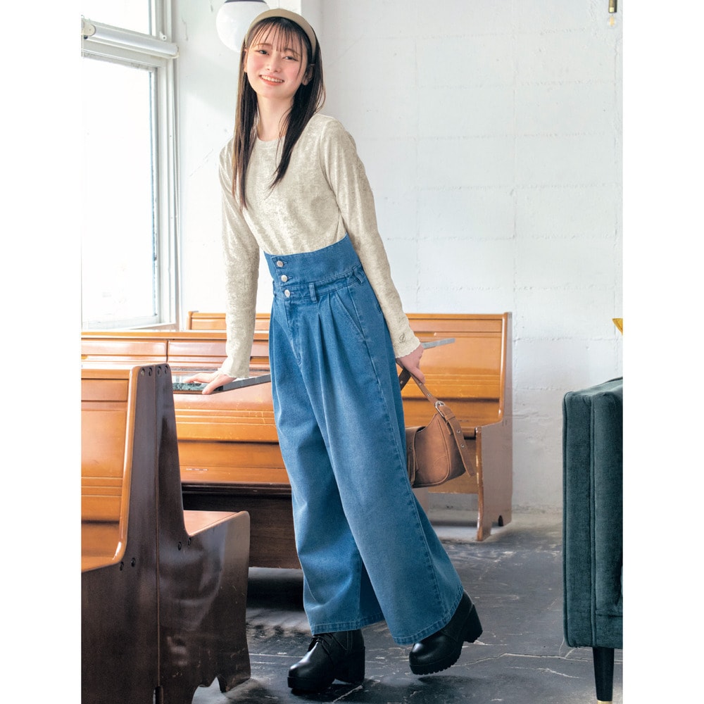 ウエスト折り返しもできる2WAYハイウエストバギーデニムパンツ