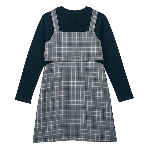 サイドスリットチェックジャンスカドッキングワンピース 【子供服 長袖】