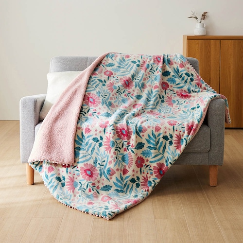 マイクロファイバーとボアのぽんぽん付きブランケット／愛らしさ 「ミニラボ」