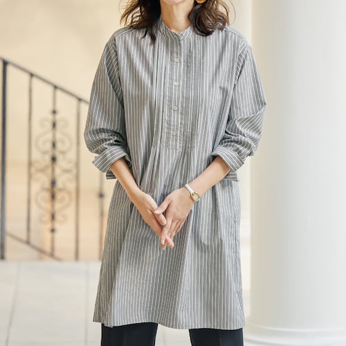 ピンタックデザインストライプシャツチュニック