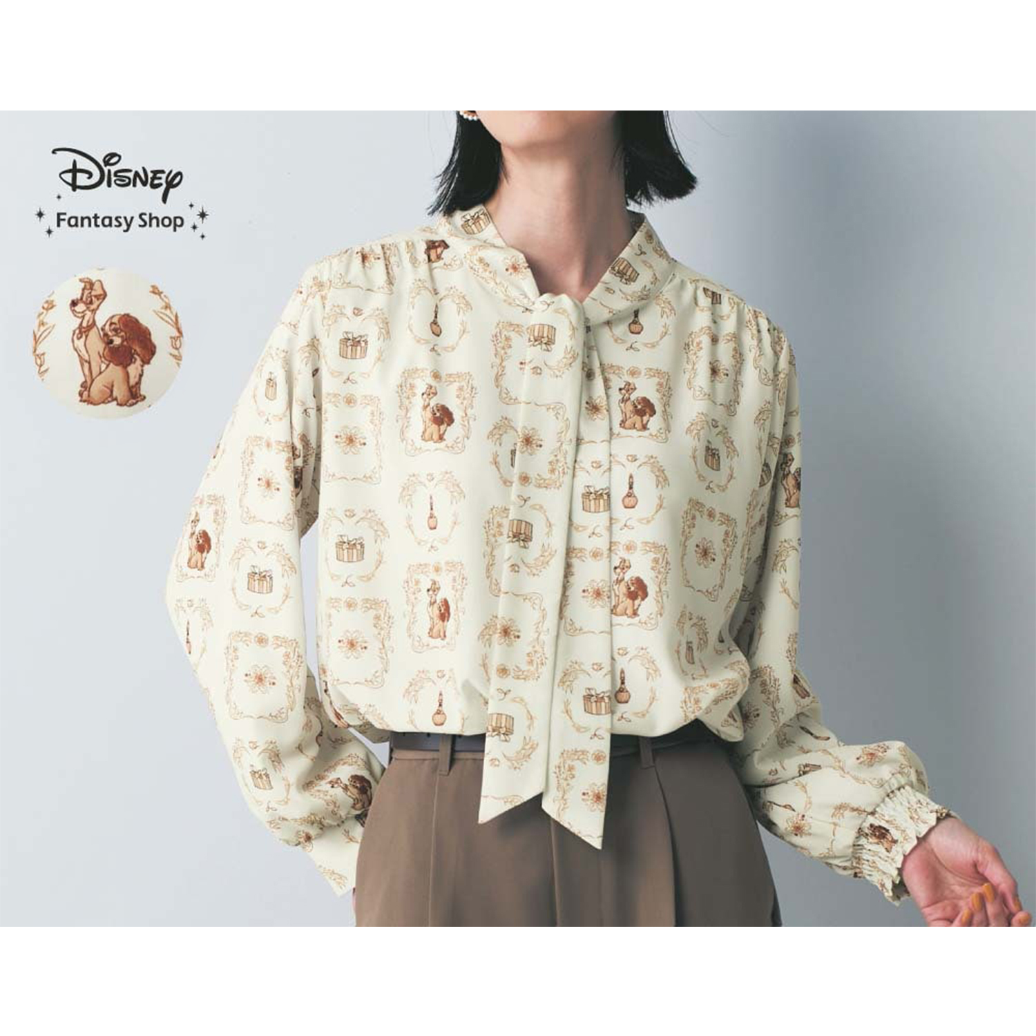 【ディズニー/Disney】カットソー裏地付きボウタイブラウス「わんわん物語」