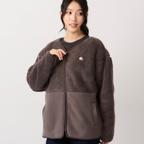 ノーカラーボア×フリース切替ジャケット