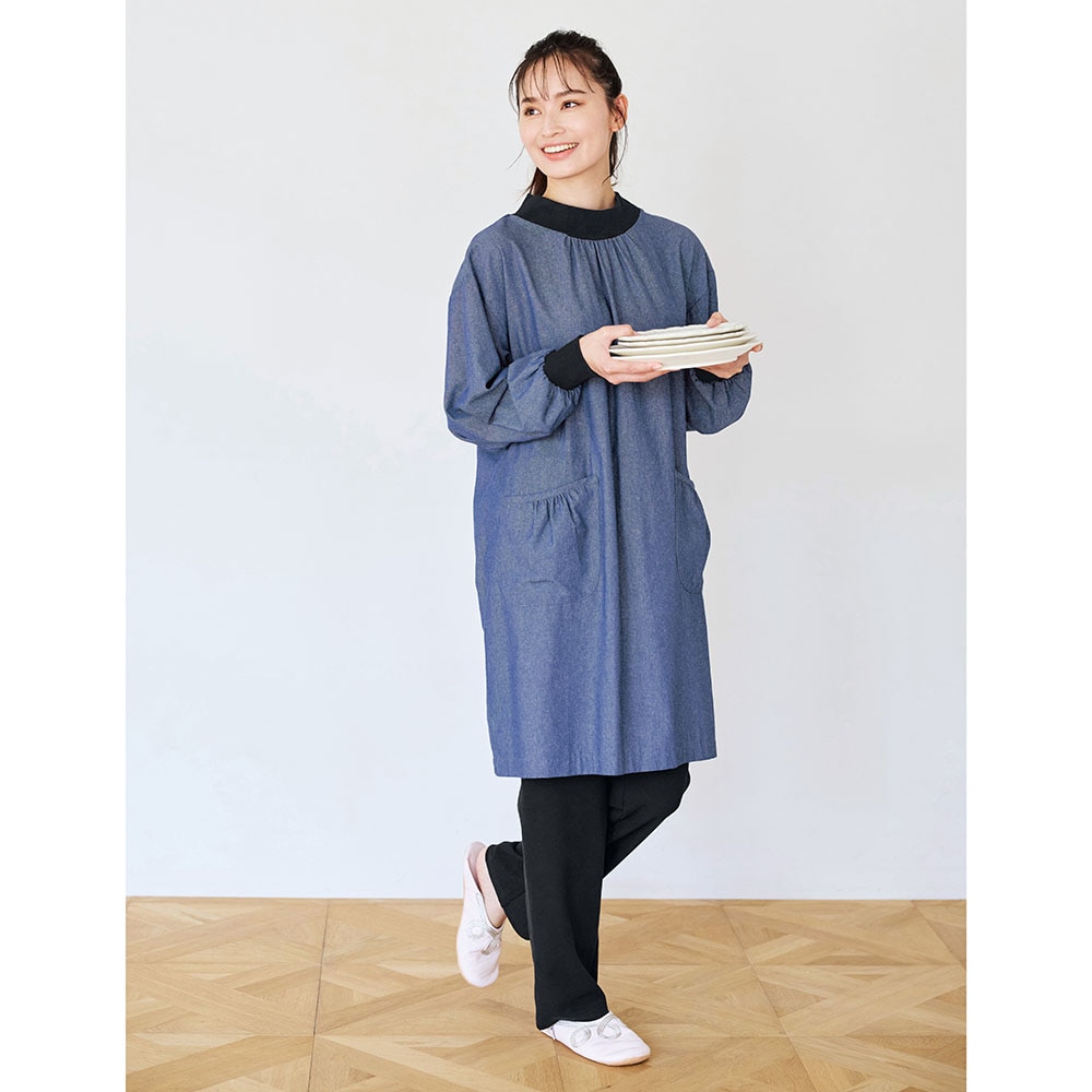 背中フリース付きお洋服見えチュニック割烹着(ブルーリミテッド/Blue