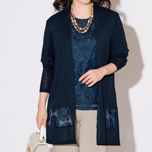 ひまわり柄切替ロングカーディガンアンサンブル